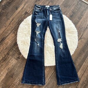 NWT Distressed Petra 153 Flare Jeans in Dark Blue